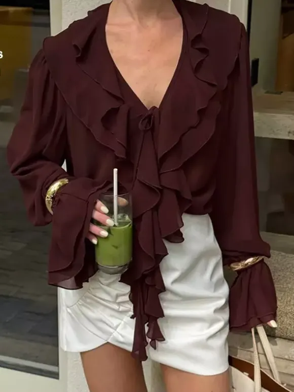 Ruffle Chiffon Blouse For Women - Burgundy Elegant Tie Front Flare Long Sleeve Top - Spring Desk-to-dinner 2026