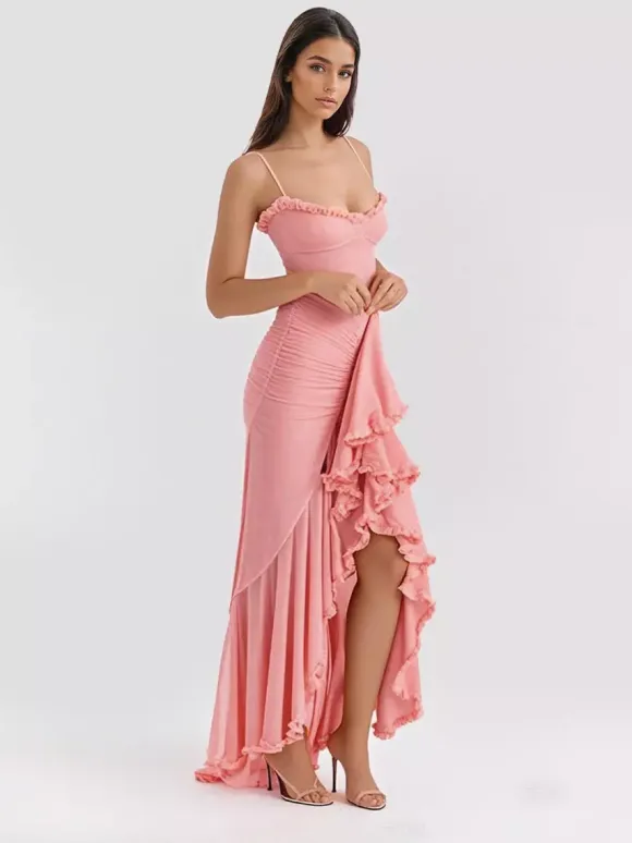 Ruffled Front Party Gown Long Slip Dress For Women 2026