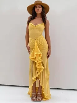 Ruffled Front Party Gown Long Slip Dress For Women 2026
