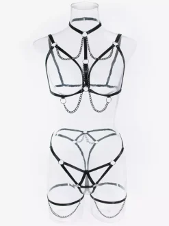 Ruffled Lingerie Lace Up Black Ruffled 3-Piece Bra Panty Sets