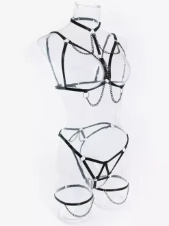 Ruffled Lingerie Lace Up Black Ruffled 3-Piece Bra Panty Sets