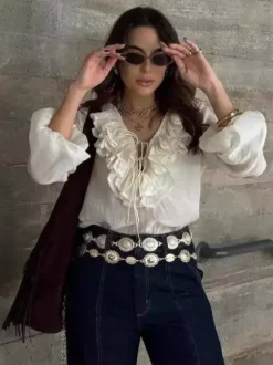 Ruffled Long Sleeve V-neck Blouse For Spring 2026
