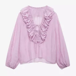 Ruffled Long Sleeve V-neck Blouse For Spring 2026