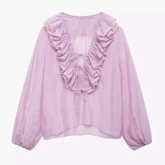 Ruffled Long Sleeve V-neck Blouse For Spring 2026