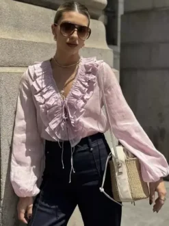 Ruffled Long Sleeve V-neck Blouse For Spring 2026