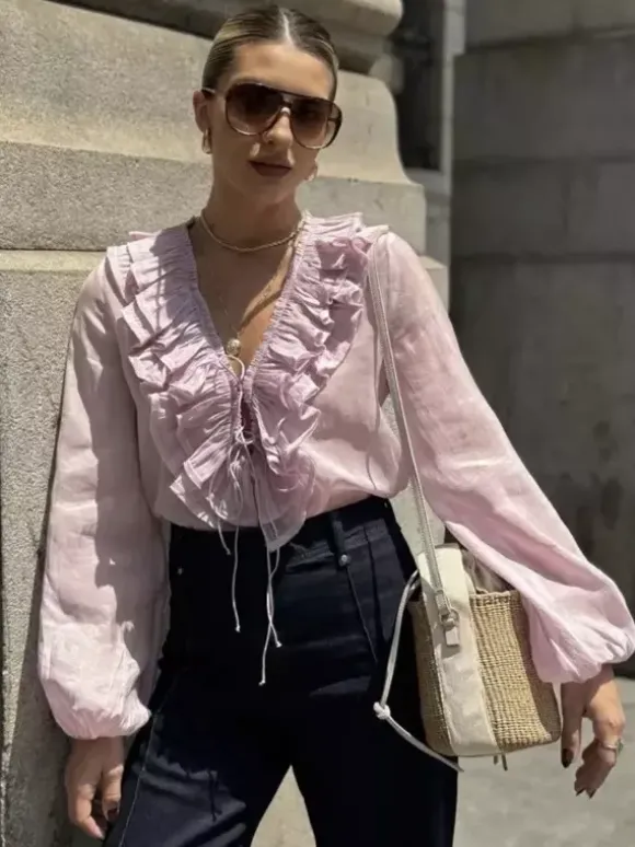 Ruffled Long Sleeve V-neck Blouse For Spring 2026