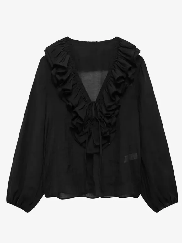 Ruffled Long Sleeve V-neck Blouse For Spring 2026