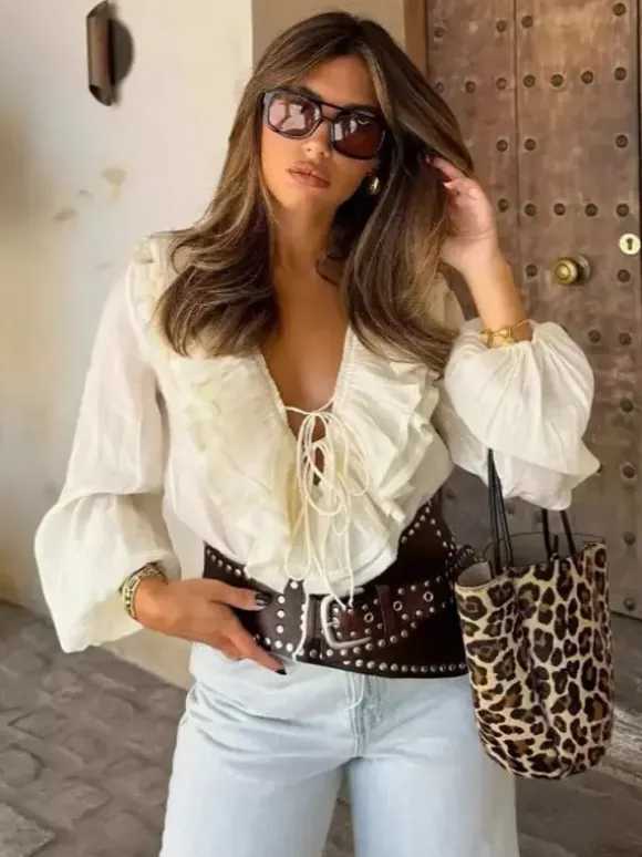 Ruffled Long Sleeve V-neck Blouse For Spring 2026