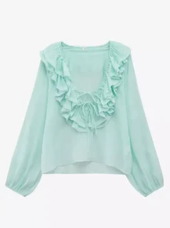 Ruffled Long Sleeve V-neck Blouse For Spring 2026