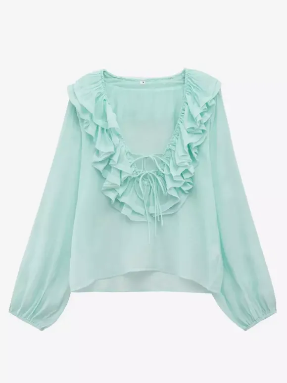 Ruffled Long Sleeve V-neck Blouse For Spring 2026