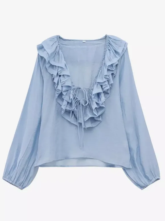 Ruffled Long Sleeve V-neck Blouse For Spring 2026