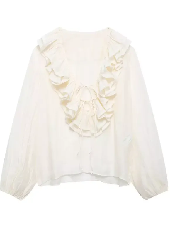 Ruffled Long Sleeve V-neck Blouse For Spring 2026