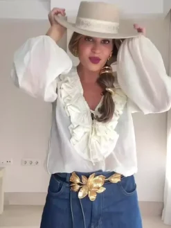 Ruffled Long Sleeve V-neck Blouse For Spring 2026