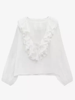 Ruffled Long Sleeve V-neck Blouse For Spring 2026