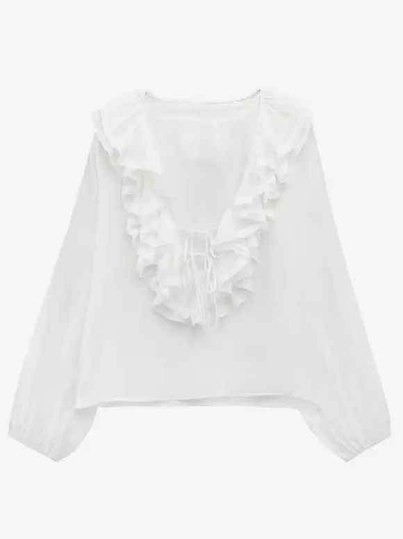Ruffled Long Sleeve V-neck Blouse For Spring 2026