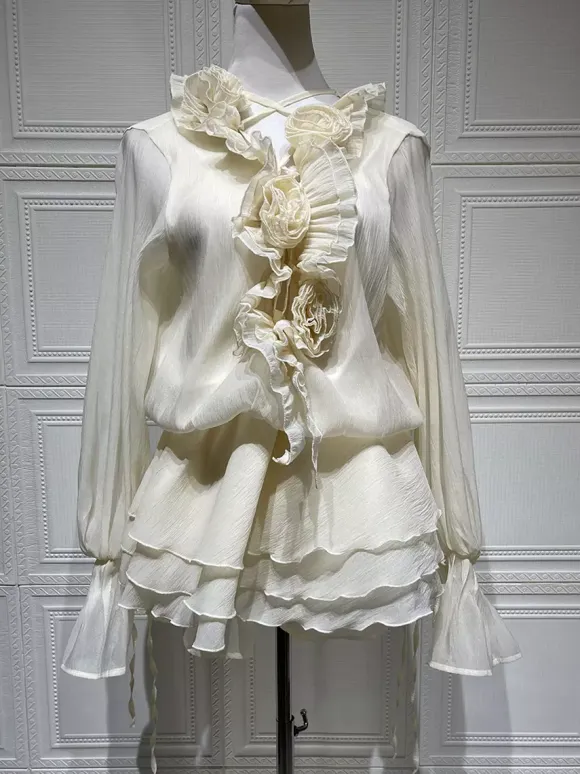 Ruffle Layered Mini Dress For Women - Boho Lantern Sleeve Flower V Neck Skater Dress With Shorts - Spring Party 2026