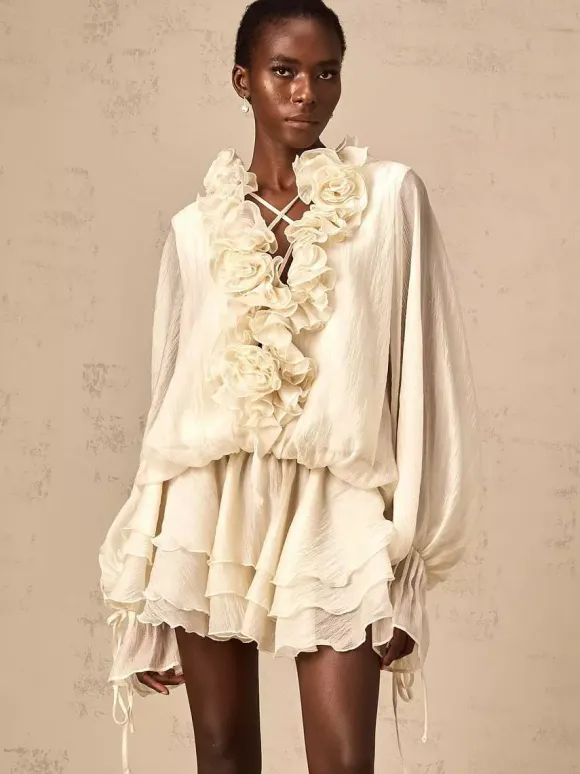 Ruffle Layered Mini Dress For Women - Boho Lantern Sleeve Flower V Neck Skater Dress With Shorts - Spring Party 2026