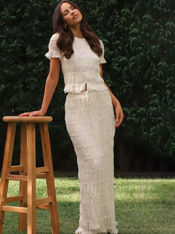 Ruffle Puff Sleeve Ruched Crop Top Mermaid Maxi Skirt Two Piece Set