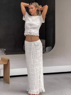 Ruffle Puff Sleeve Ruched Crop Top Mermaid Maxi Skirt Two Piece Set