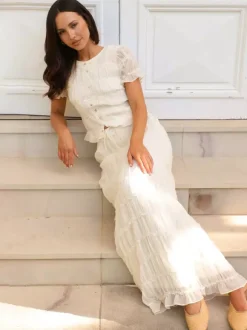 Ruffle Puff Sleeve Ruched Crop Top Mermaid Maxi Skirt Two Piece Set