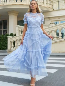 Ruffles Dress Illusion Neckline Ruffles Layered Tulle Maxi Dresses