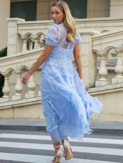 Ruffles Dress Illusion Neckline Ruffles Layered Tulle Maxi Dresses