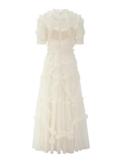 Ruffles Dress Illusion Neckline Ruffles Layered Tulle Maxi Dresses