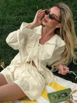 Ruffle Shirt And Shorts Two Piece Set For Women - Cream Boho Flare Sleeve Tie Front - Summer Beach Vacation Outfit 2026