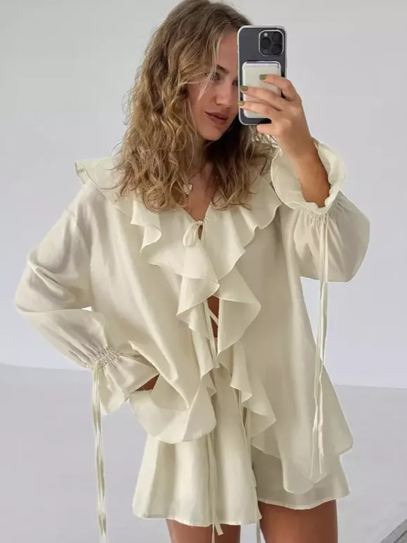 Ruffle Shirt And Shorts Two Piece Set For Women - Cream Boho Flare Sleeve Tie Front - Summer Beach Vacation Outfit 2026