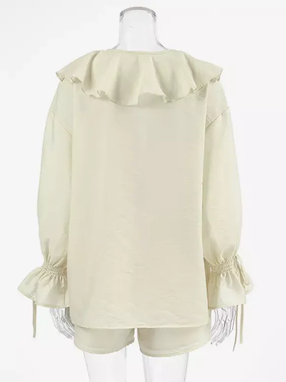 Ruffle Shirt And Shorts Two Piece Set For Women - Cream Boho Flare Sleeve Tie Front - Summer Beach Vacation Outfit 2026