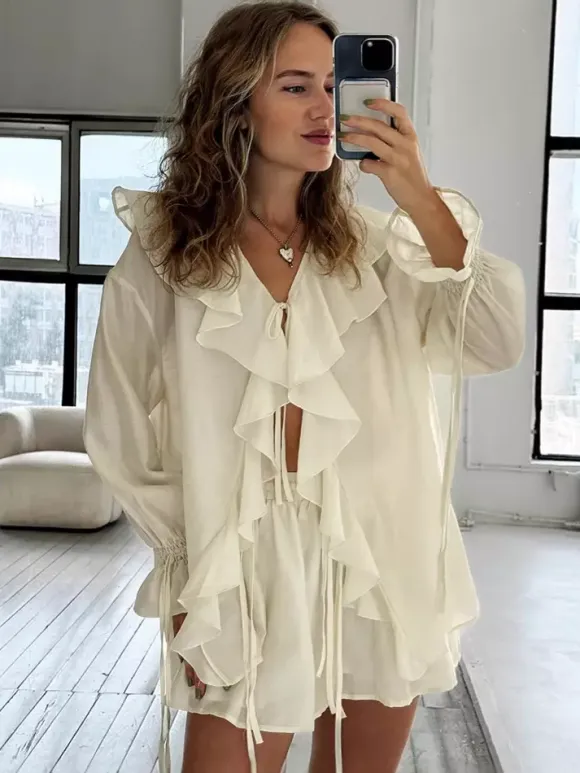 Ruffle Shirt And Shorts Two Piece Set For Women - Cream Boho Flare Sleeve Tie Front - Summer Beach Vacation Outfit 2026