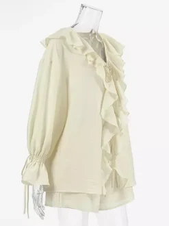 Ruffle Shirt And Shorts Two Piece Set For Women - Cream Boho Flare Sleeve Tie Front - Summer Beach Vacation Outfit 2026