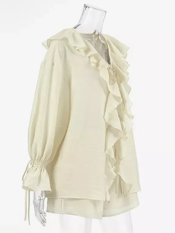 Ruffle Shirt And Shorts Two Piece Set For Women - Cream Boho Flare Sleeve Tie Front - Summer Beach Vacation Outfit 2026