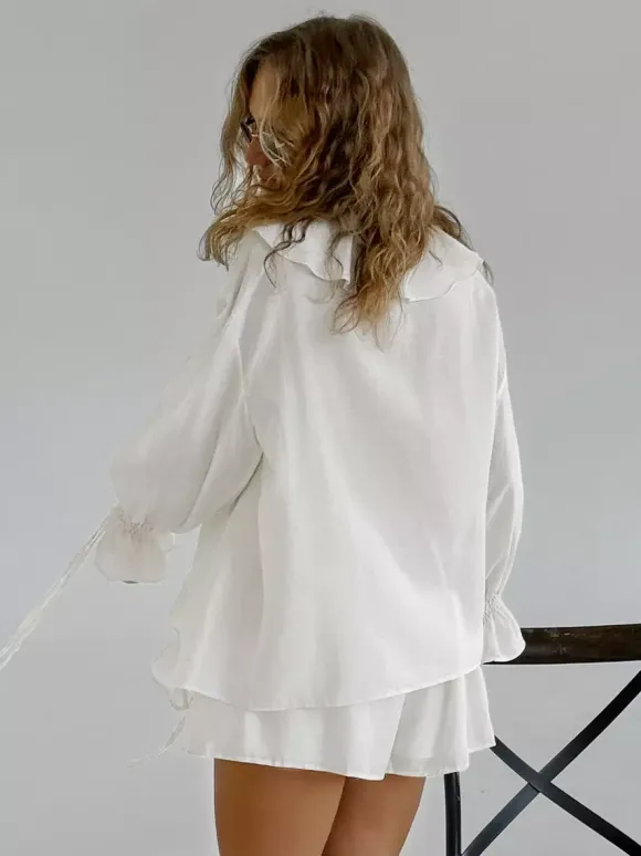 Ruffle Shirt And Shorts Two Piece Set For Women - Cream Boho Flare Sleeve Tie Front - Summer Beach Vacation Outfit 2026