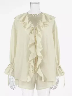 Ruffle Shirt And Shorts Two Piece Set For Women - Cream Boho Flare Sleeve Tie Front - Summer Beach Vacation Outfit 2026