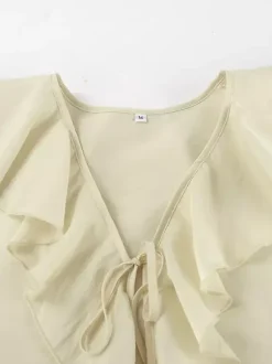 Ruffle Shirt And Shorts Two Piece Set For Women - Cream Boho Flare Sleeve Tie Front - Summer Beach Vacation Outfit 2026