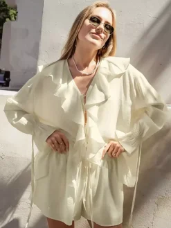 Ruffle Shirt And Shorts Two Piece Set For Women - Cream Boho Flare Sleeve Tie Front - Summer Beach Vacation Outfit 2026