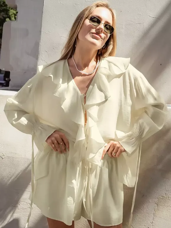 Ruffle Shirt And Shorts Two Piece Set For Women - Cream Boho Flare Sleeve Tie Front - Summer Beach Vacation Outfit 2026
