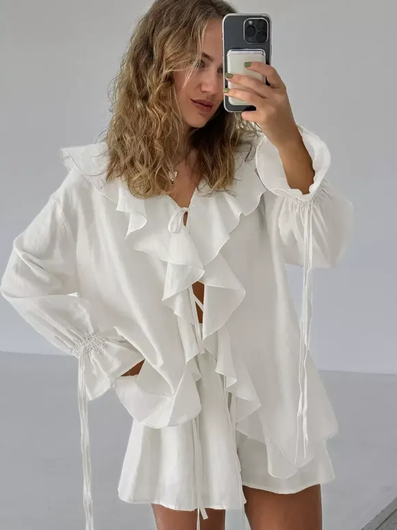 Ruffle Shirt And Shorts Two Piece Set For Women - Cream Boho Flare Sleeve Tie Front - Summer Beach Vacation Outfit 2026