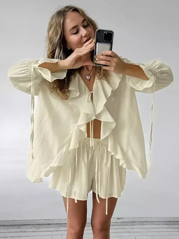 Ruffle Shirt And Shorts Two Piece Set For Women - Cream Boho Flare Sleeve Tie Front - Summer Beach Vacation Outfit 2026