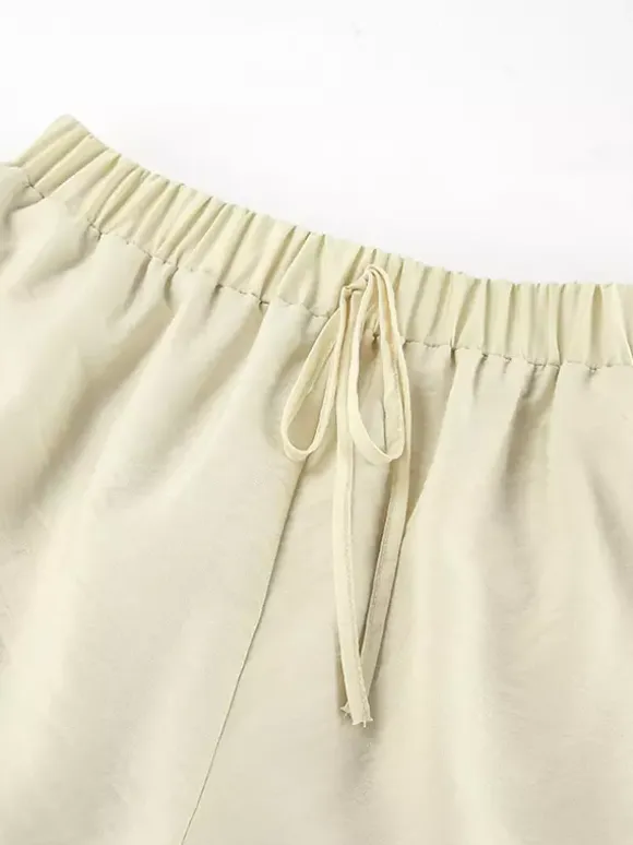 Ruffle Shirt And Shorts Two Piece Set For Women - Cream Boho Flare Sleeve Tie Front - Summer Beach Vacation Outfit 2026