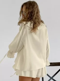 Ruffle Shirt And Shorts Two Piece Set For Women - Cream Boho Flare Sleeve Tie Front - Summer Beach Vacation Outfit 2026
