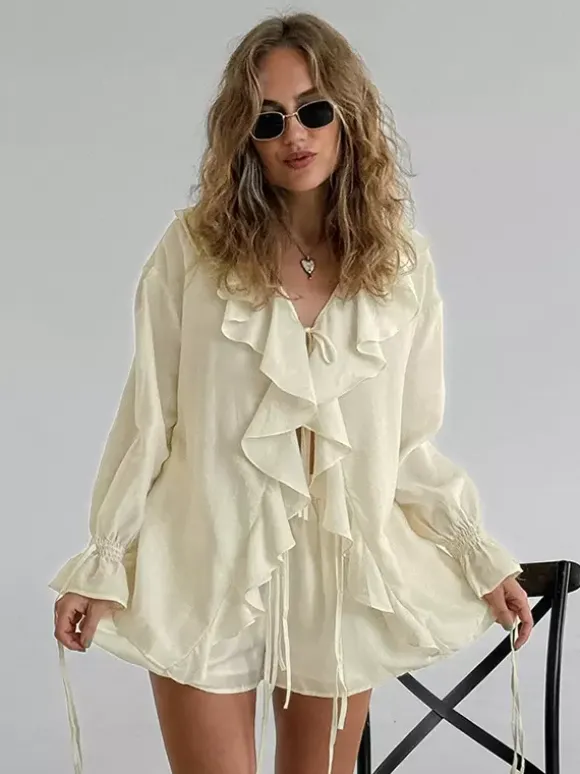 Ruffle Shirt And Shorts Two Piece Set For Women - Cream Boho Flare Sleeve Tie Front - Summer Beach Vacation Outfit 2026
