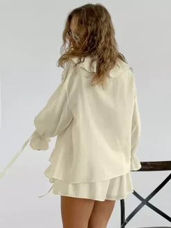 Ruffle Shirt And Shorts Two Piece Set For Women - Cream Boho Flare Sleeve Tie Front - Summer Beach Vacation Outfit 2026