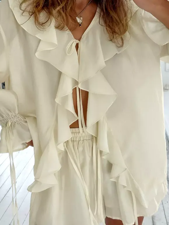 Ruffle Shirt And Shorts Two Piece Set For Women - Cream Boho Flare Sleeve Tie Front - Summer Beach Vacation Outfit 2026