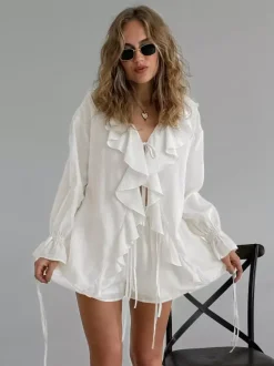 Ruffle Shirt And Shorts Two Piece Set For Women - Cream Boho Flare Sleeve Tie Front - Summer Beach Vacation Outfit 2026