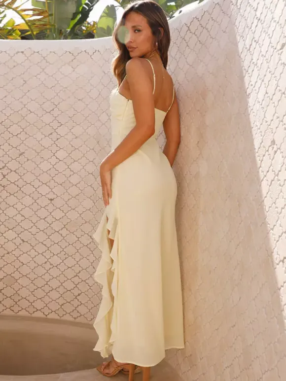 Ruffle Side Slit Maxi Slip Dress For Women - Elegant Backless Slinky Prom Gown - Summer Wedding Guest 2026