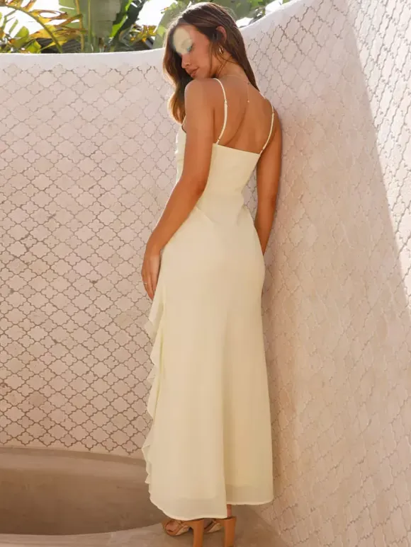 Ruffle Side Slit Maxi Slip Dress For Women - Elegant Backless Slinky Prom Gown - Summer Wedding Guest 2026
