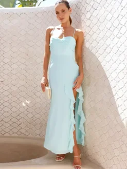 Ruffle Side Slit Maxi Slip Dress For Women - Elegant Backless Slinky Prom Gown - Summer Wedding Guest 2026
