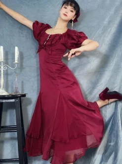 Ruffles Lace Up Lolita OP Dress Burgundy Short Sleeves Lolita One Piece Dresses